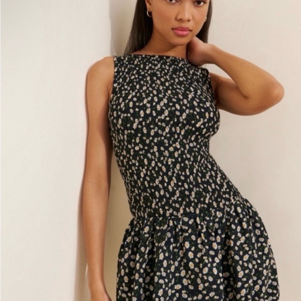 Anthropology Maeve Daisy Floral Smocked Waist Black Dress